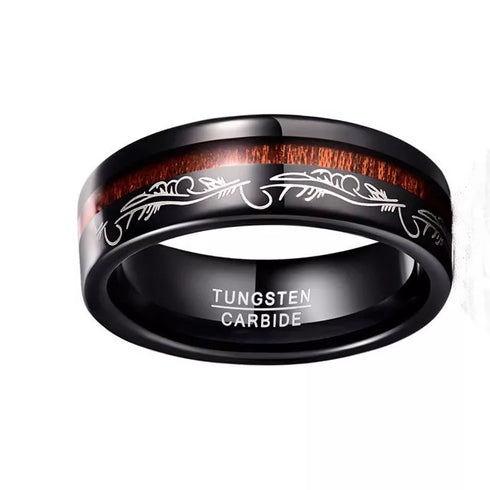 Men 8mm Tungsten Ring Koa Wood Inlay with Laser Pattern Comfort-Fit Wedding Band